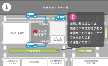 k'sはっと神戸メディカルモールの駐車場の入口についてのマップ
